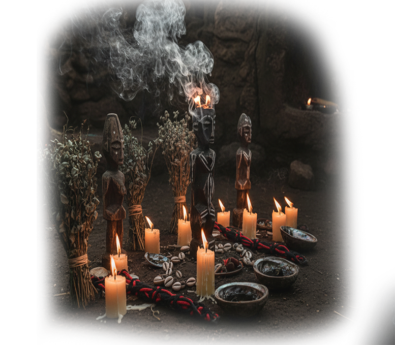 Protection and spiritual healing ritual with candles, herbs, and sacred objects